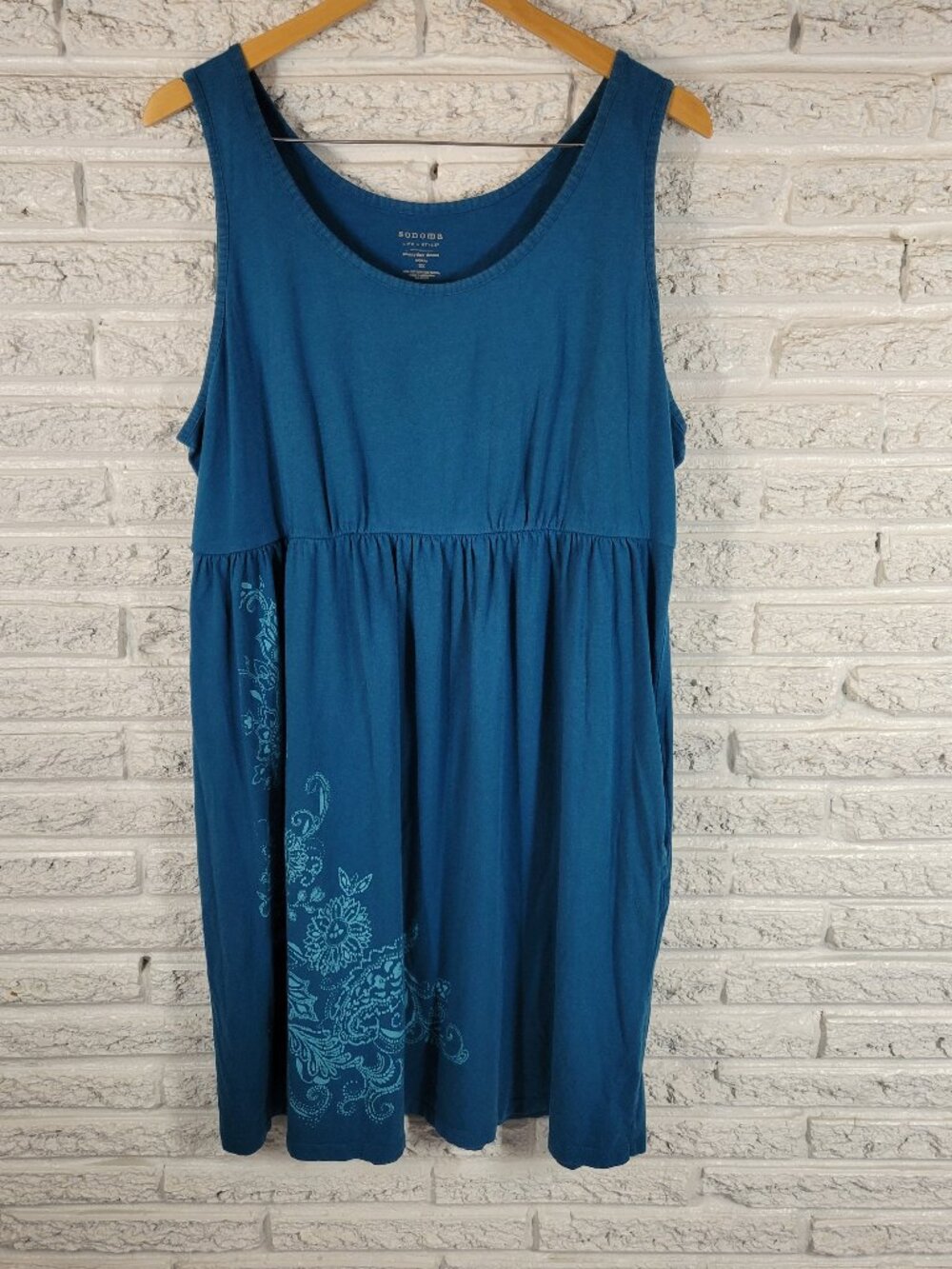 Sonoma Floral Tank Dress 2X Blue Sleeveless Cotton Blend Pullover Pockets BLU59E